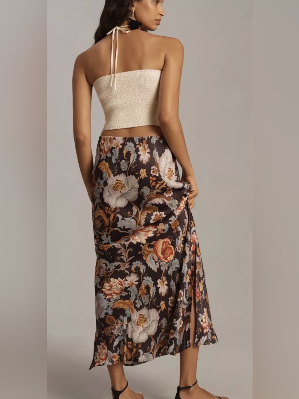Anthropologie Tilda Maxi Slip Skirt dark floral print side slit large - Picture 2 of 7